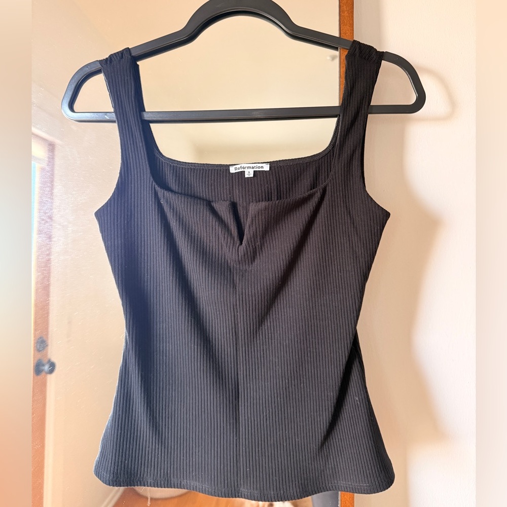 Reformation Black Ribbed Square Neck Tank Top